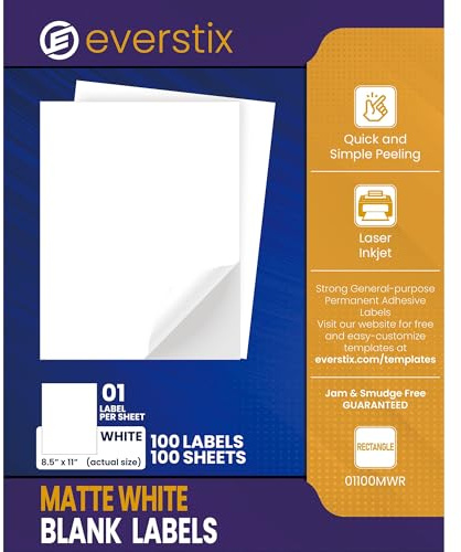 Everstix 8.5 x 11, 100 Sheets, 100 Printable White Sticker Paper, Full Sheet Shipping Labels for Laser & Inkjet Printers, Letter Size