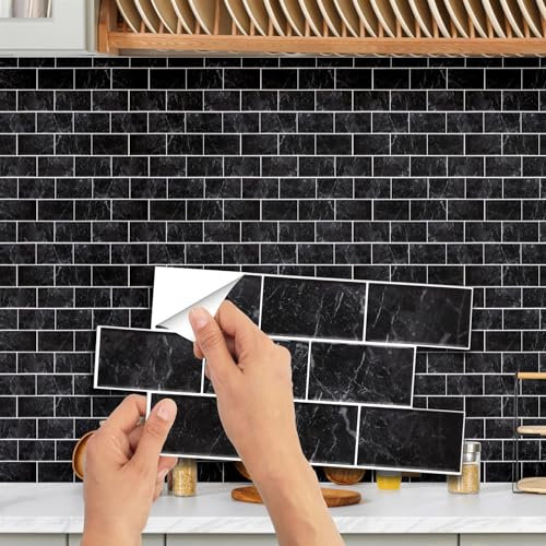 WALPLUS Black Peel and Stick Wall Tiles 15x30cm – Removable Adhesive Stickers for Kitchen, Marble Stone Look, 12 Sheets