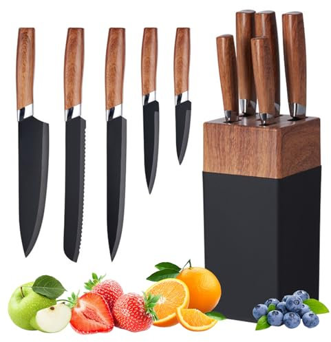Messerblock mit Messer, 5 teiliges Küchenmesser Set mit messerblock, Messerset mit Block, Edelstahl Messer Set mit Kochmesser, Brotmesser, Schinkenmesser, Universalmesser, Schälmesser