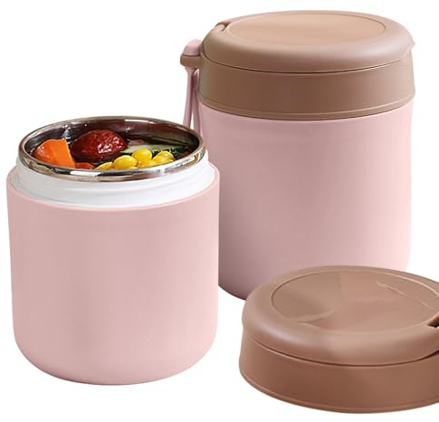 Récipient alimentaire isotherme et étanche – Bocal alimentaire isotherme en acier inoxydable avec cuillère pliante, anti-fuite, isotherme sous vide, bol portable de qualité alimentaire, sans BPA (rose