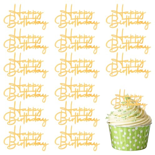 XLIUAX 15 Pcs Happy Birthday Cupcake Toppers, Gold Happy Birthday Cake Topper Acrylic Cake Topper Gold Cupcake Toppers Cakes Decoration for Party Celebration Dessert Decor Accessories Cakes Supplies
