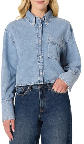Amazon Essentials Camicia Button Down in Denim Corta, Vestibilità Oversize Moderna Donna, Azzurro Chiaro Ghiaccio, XXL