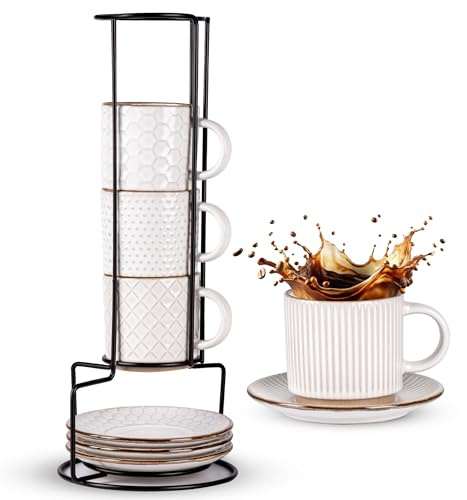 GBhome 8 OZ Stackable Coffee Mugs Set of 4, Ceramic Coffee Cups Set | Coffe Cups With Saucer and Stand ,Ideal for Daily Use&Gifts, Microwave&Dishwasher Safe, Off White