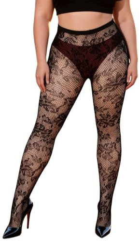 ohmydear Collants Résille Femme Sexy Noir Grande Taille Bas Resille Élastique Motif Floral Taille Haute Filets Chaussettes et Collants Fishnet Pantyhose pour rave, fête, Halloween