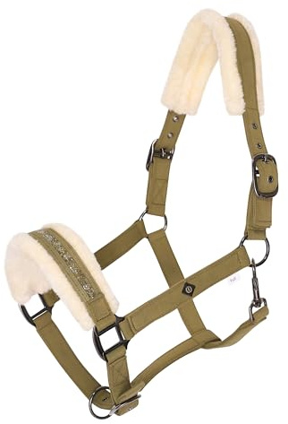 Imperial Riding Headcollar IRHJewel - Glamorous Softshell Halter with Faux Fur Padding & Rhinestones, Adjustable, Comfortable Horse Halter for Stable, Training & Pasture, Olive Green, Full