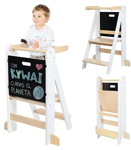 KYWAI® Torre de Aprendizaje Plegable Premium, Torre Aprendizaje Plegable Ajustable 2 Alturas, Diseño Nórdico con Pizarra Desmontable, Patas Anticaída – Marca Comprometida con la Reforestación