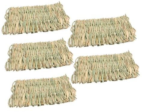 MERRYHAPY Juego de 5 Tapetes de Paja Forma de Conejito para Mascotas Pequeñas Tapete Tejido de Césped Natural Tamaño Pequeño Cama y Zona de Masticar para Cobayas Conejos y Hámsteres