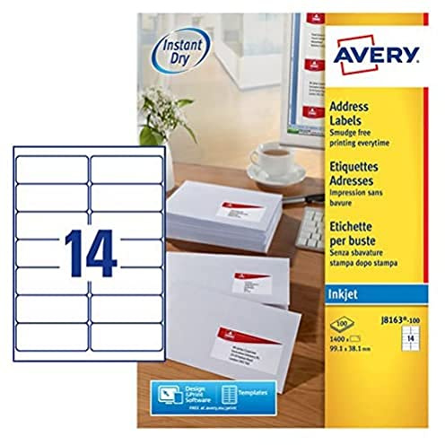 Avery Smudge fri, utskrivbar, adressetiketter, snabbtorkande, 99,1 x 38,1 mm, vit, 14 etiketter per ark, 1400 tomma etiketter per förpackning (J8163-100)