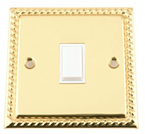 Light Switch 1 Gang - Polished Brass Georgian - White Insert Plastic Switch - 10 Amp Single 1 Gang 2 Way