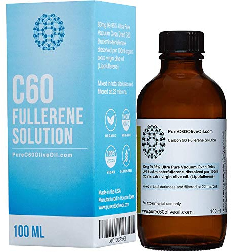 PureC60OliveOil C60 Organic Olive Oil 100ml / 3.4 Fl Oz - 99.95% Carbon 60 Solvent Free 80mg - Amber Glass Bottle - Food Grade - Carbon 60 Olive Oil - from The Leading Global Producer