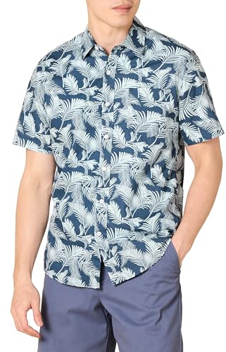 Amazon Essentials Camisa de Corte Ceñido con Mangas Cortas, Botones y Estampado Hombre, Azul Marino Hoja de Palmera, M