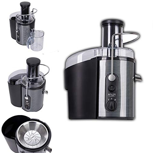 Adler AD 4125 Licuadora para Frutas y Verduras, Acero Inoxidable, 2 Velocidades, Boca Ancha de 75 mm, Extractor de jugos 20.000 rpm, Alto Rendimiento, Jarra 1,5 L, sin BPA, 1500W