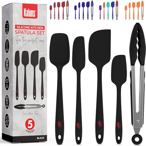 Kaluns® Black 5-Piece Silicone Spatula and 9 Tong Set Rubber Kitchen Tools Supplies for Cooking, Baking and Mixing, One Piece Strong Stainless Steel core Design Non-Stick and 600F Heat Resistant