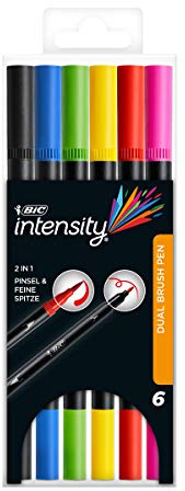BIC Intensity filtpennor set, dubbel spets pensel penna för målning i 6 olika färger, med pensel och fin spets