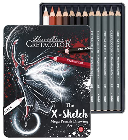 Cretacolor X Mega Drawing Boîte de 12 crayons à croquis, craie blanche, huile de sanguine, sépia clair, sépia foncé, néro, graphite