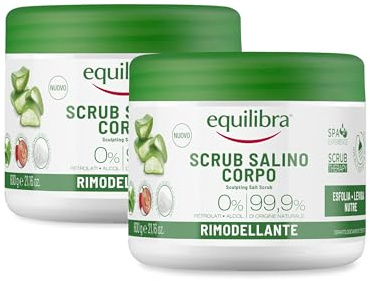 Equilibra Corpo, Scrub Salino Rimodellante, Scrub Corpo Esfoliante a Base di Aloe Vera, Leviga e Nutre la Pelle, Mix Sali Marini Azione Antiacqua, Oli Naturali ed Estratti Vegetali, 2 Pezzi da 600 g