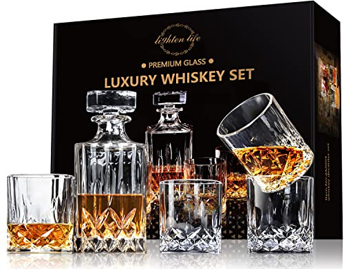 LIGHTEN LIFE 5 Piece Whiskey Decanter Set With 4 Glasses in Gift Box - Non-Lead Crystal for Bourbon, Scotch - Perfect for Men, Dad, Husband
