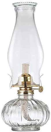 DLSixYi Large Vintage Clear Oil Lamps For Indoor Use Home Decor Lighting Stripe Flat Round Glass Kerosene Lamp Classic Old Oil Lantern Antique Chamber Hurricane Lamp