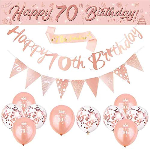 DEARLIVES 14 pcs 70th Happy Birthday decors,Rose Gold 70Th BIrthday Party Supplies Including Happy 70TH BIRthday Banners Straps Triangle Flag Bunting Confetti Latex Balloons