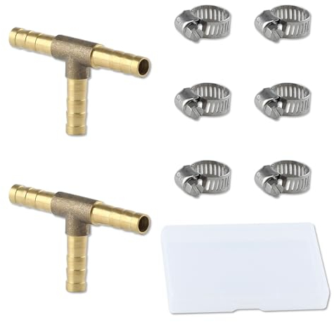 LEONTOOL 2 Pcs Brass Barb Tee Fitting, 1/4(6mm) ID Hose Pipe Fitting T-Shaped with 6 Pcs Pipe Clamps, 3 Ways Hose Barb Reducer, Hose Barb Fitting Tee Hose Connector Split Brass Water Fuel Gas Air Oil