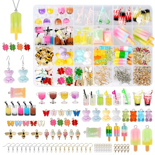 Charms Anhänger Set, 100 Stück Schmuck Selber Machen Set, Charms Bubble Tea Schmetterling Bär, DIY Coole Sachen für Ohrringe Halskette Armband und Schlüsselanhänger