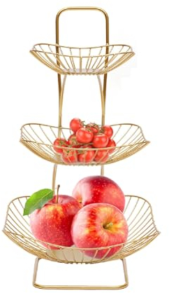 Begoniape Cesta de frutas de 3 niveles, cesta de frutas, pan, verduras, frutero de metal, 3 niveles, 3 pisos, cesta de frutas para cocina, salón, aperitivos, fruta dorada, altura: 44,9 cm