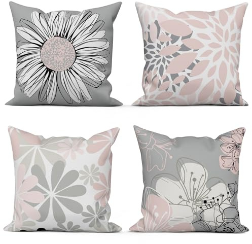ASDCXZ Funda de cojín Rose 40x40 cm Juego de 4, Moderno Rose Gris Flores Estampado Cojín Decorativo Fundas de Cojín Funda de Cojín Lavable Poliéster Lino Textil Funda de Almohada para Exterior Funda