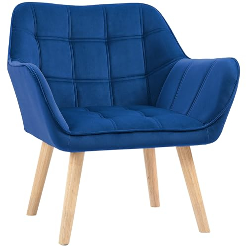 HOMCOM Sessel Wohnzimmer Ohrensessel Loungesessel Relaxsessel mit Gummiholzbeine, Lesesessel mit Samtoptik, Polstersessel für Schlafzimmer, skandinavisch, Blau