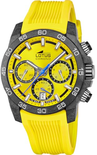 LOTUS Reloj Hombre Analógico de Caucho Amarillo | Movimiento de Cuarzo, Cronógrafo, Calendario, Cristal Mineral de Alta Resistencia, Resistente al Agua 10 ATM 18974/5 Chrono