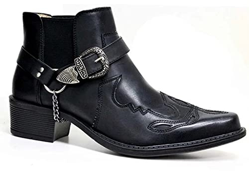 Mens Western Buckle Strap Ankle Dress Boots Metal Chain Cowboy Boots Casual Dress Slip On Chelsea Men Shoes,Black,13 UK