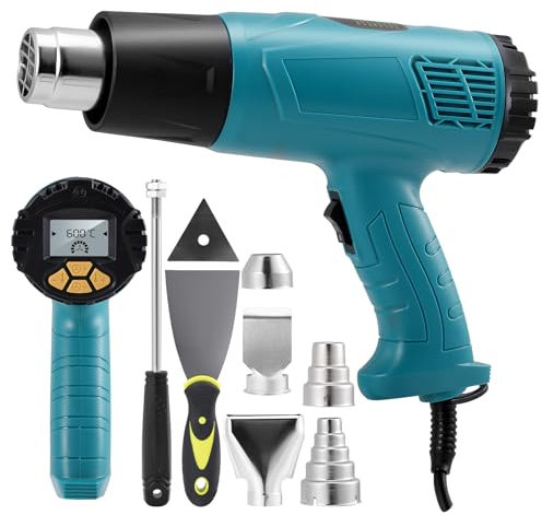Pistola de calor decapante para madera 2000W, pantalla LCD con memoria, 2 modos (50℃-600℃), flujo de aire ajustable, diseño ergonómico y compacto, apagado retardado, múltiples aplicaciones
