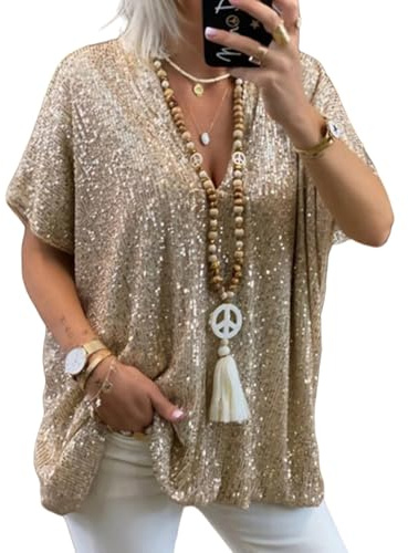 Asoodiy Women Sequin Tops Sparkly V Neck Blouse Short Sleeve Glitter Top Party Club Blouses Ladies Baggy Loose fit Shirts Golden XL