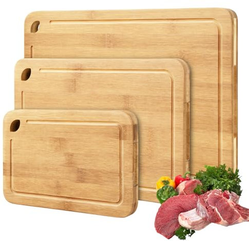 Tagliere Legno Set Taglieri Cucina in Bamboo Grande, Medio y Piccolo Tagliere da Cucina Professionale Antibatterico Taglieri Bambu Resistenti per Pane, Aperitivo, Carne e Verdure (Naturale)