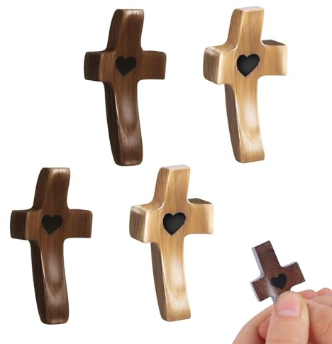 Galenecx 4 Piezas Cruces de Madera, Vintage Pequeña Crucifijo de Nogal, Cruz de Madera de Olivo, Portátil Bolsillo de Jesús Cruces, Cruz de Amor Tallada, Crucifijo de Bolsillo, Regalos Cristianos