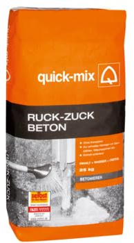 Quick Mix Ruck-Zuck Beton 25 kg, Schnellerhärtender Beton für Zaunpfähle und Fundamente, Grau, Pulverform, Körnung 0-8 mm, Innen und Außen
