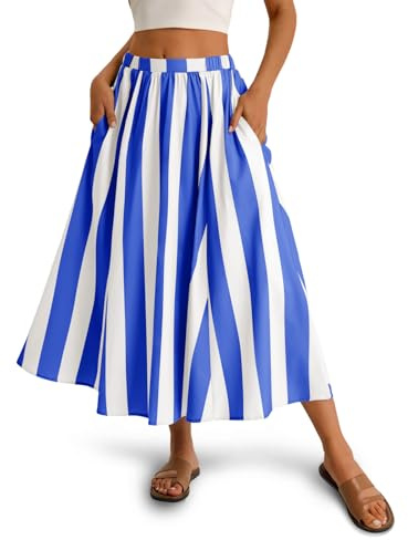 Cicy Bell Womens Summer Striped Maxi Skirts A-Line Elastic Waist Flowy Skirt Beach Vacation Outfits Blue