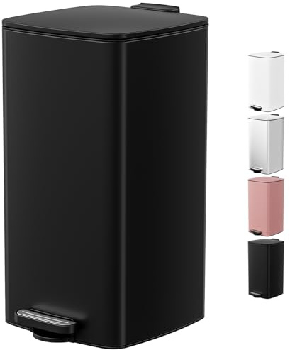 LIFERUN Mülleimer 30L aus Stahl, rechteckiger Abfalleimer mit Soft-Close-Deckel, Pedal und Inneneimer, Offenhaltefunktion, Treteimer für Küche, Wohnbereich und Büro, Schwarz
