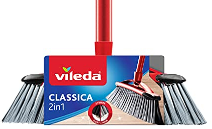 Vileda Classica 2 in 1 Scopa con Manico, Fibre per Polvere e Capelli, Plastica, Rosso/Nero, 32x5.3x78 cm
