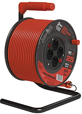 EMOS Carrete alargador de Cable con Interruptor (25 m, 4 enchufes Schuko, 1,5 mm, para Interiores, Clase de protección IP 20, 3680 W), 0