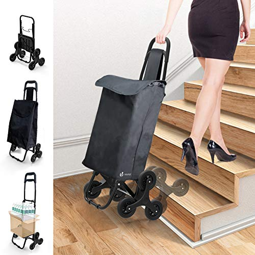 VOUNOT Einkaufstrolley Klappbar Treppensteiger, 3 Räder Einkaufswagen Faltbar, Einkaufsroller Trolly, Abnehmbare & Regenfeste Schwarz