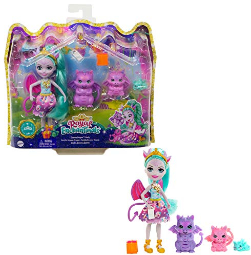 Enchantimals GYJ09 - Deanna Dragon Familie Spielset, Puppe (15,2 cm) mit 3 Drachenfiguren und 4 Zubehörteilen, aus der Royals Kollektion, tolles Geschenk für Kinder von 3 bis 8 Jahren