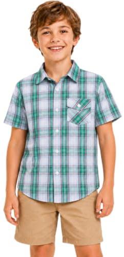 Bienzoe Boys Plaid Cotton Shirt: Button Down Tops | Casual Short Sleeve, Classic Gingham Pattern, Chest Pocket, Breathable for Summer Outdoor Play Picnic Camp