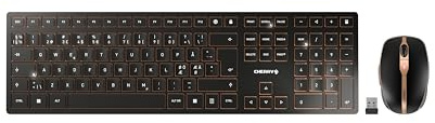 CHERRY DW 9100 SLIM, trådlöst tangentbord och mus set, Panordic layout, QWERTY-tangentbord, laddningsbara batterier, SX-saxmekanism, viskande tyst tangenttryckning, svart-brons