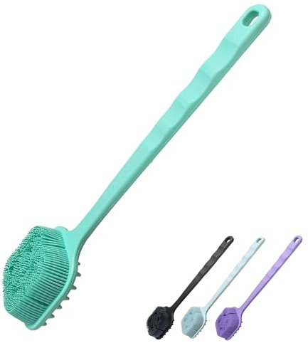 Rexzono Limpiador de espalda de silicona para pieles sensibles, cepillo exfoliante de baño corporal de mango largo, lufa para ducha, exfoliante de limpieza suave para mujeres y hombres, fácil de