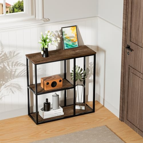 WOHOMO Mesa consola pequeña de entrada con estantes de almacenamiento, mesa de sofá estrecha de 30 cm, mesa moderna de pasillo para sala de estar, 80 x 30 x 80 cm, nogal