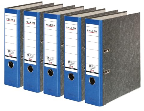 Confezione da 5 Cartelle di Archiviazione Originali Falken in Riciclato con Motivo Nuvole e Marmo. Realizzate in Germania. Raccoglitore ad anelli, formato DIN A4, dorso blu, 8 cm, colore: blu, a zero