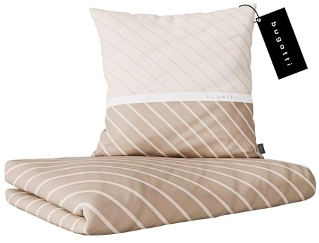 bugatti Bettwäsche 135 x 200 cm - 100% Baumwolle, Reißverschluss, anschmiegsam, weich & waschbar, Mako Satinbettwäsche gestreift beige