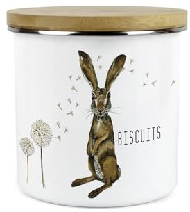Hares and Dandelions Small Biscuits Storage Canister by Rhiannon Chauncey - Countryside Kitchen Decor - 1.2L White Metal Enamel Food Storage Container