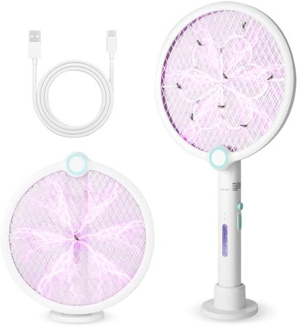 AOOWU Raquette Électrique Insectes, 3800V USB Rechargeable Raquette Moustique Electrique, Piable Tapetteà Mouche à Lumière UV avec 3 Couches Protection en Maille Support Mural pour Intérieur Extérieur