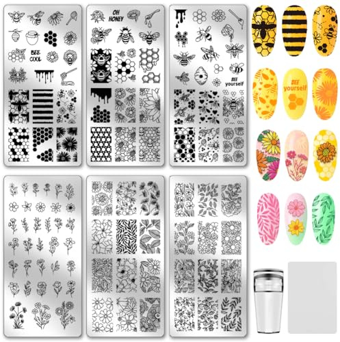 PH PandaHall 6pcs Bee Flower Nail Stamping Plates Honeycomb Theme Nails Art Designs Floral Leaves Manicure Art Stencil Sunflower Daisy Nail Design Template Nail Image Plate for Women Manicures Salon